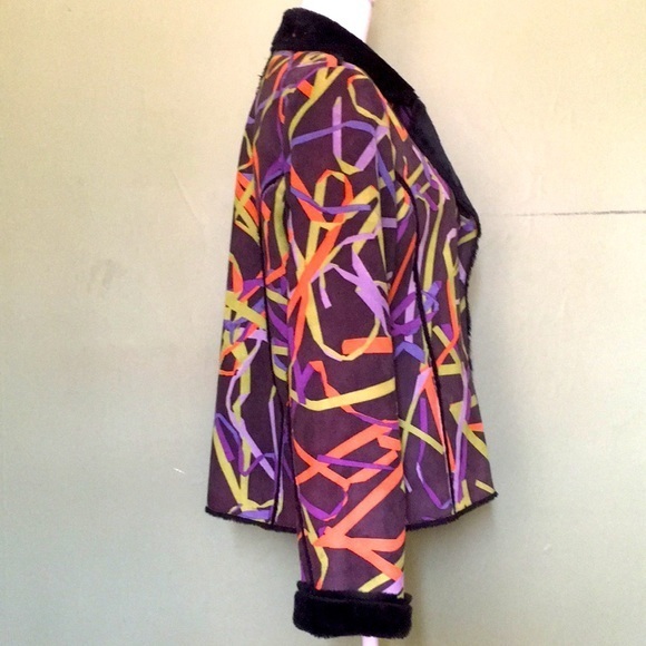 Faux suede multi colored jacket with black cuffs and‎ collar - Picture 7 of 7